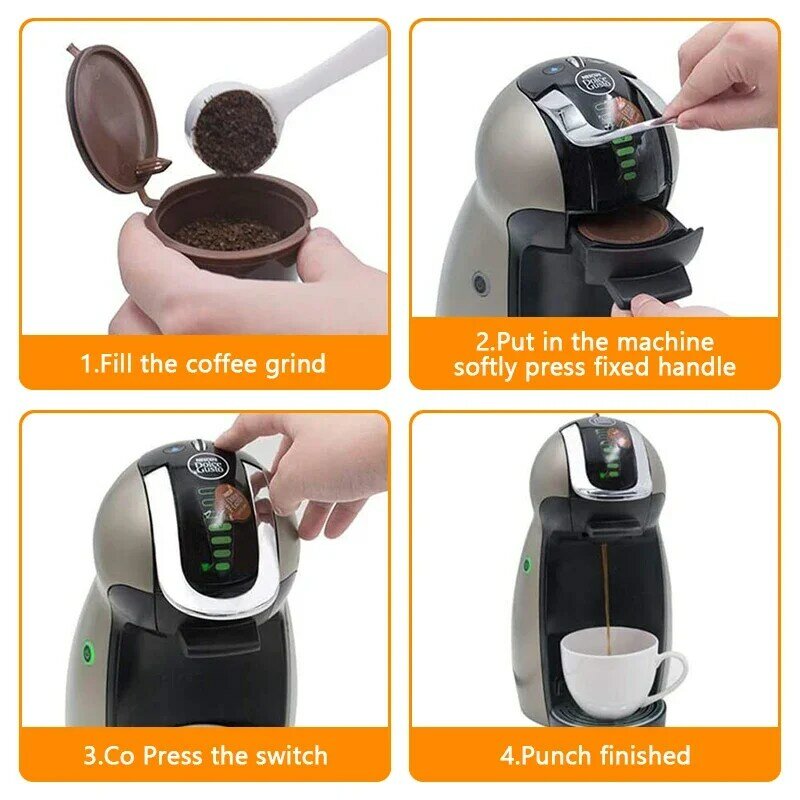 Capsules de café réutilisables, distributeur de tasses filtrantes pour nescafé Dolce Gusto, Capsules de café rechargeables avec cuillère, Kit de brosse de nettoyage