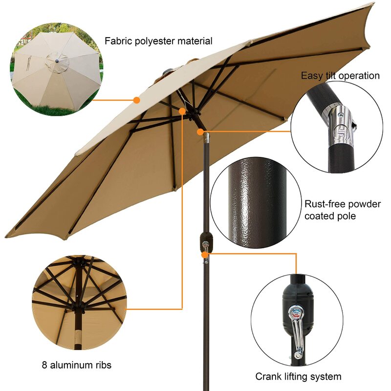 Parapluie de jardin extérieur avec 8 nervures robustes, parapluie de marché, inclinaison et manivelle à bouton-poussoir, beige, table, 9'