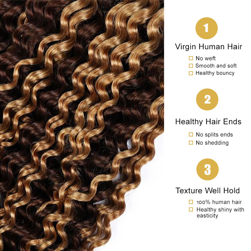 Resalte el cabello humano de onda profunda a granel, Marrón miel, cabello virgen degradado, sin trama, extensión de cabello Natural para trenzado