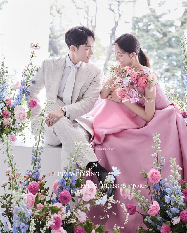 LISM-Vestidos de Noche coreanos con escote corazón rosa, vestido de fiesta de satén drapeado sin mangas para sesión de fotos de boda y graduación, sin espalda