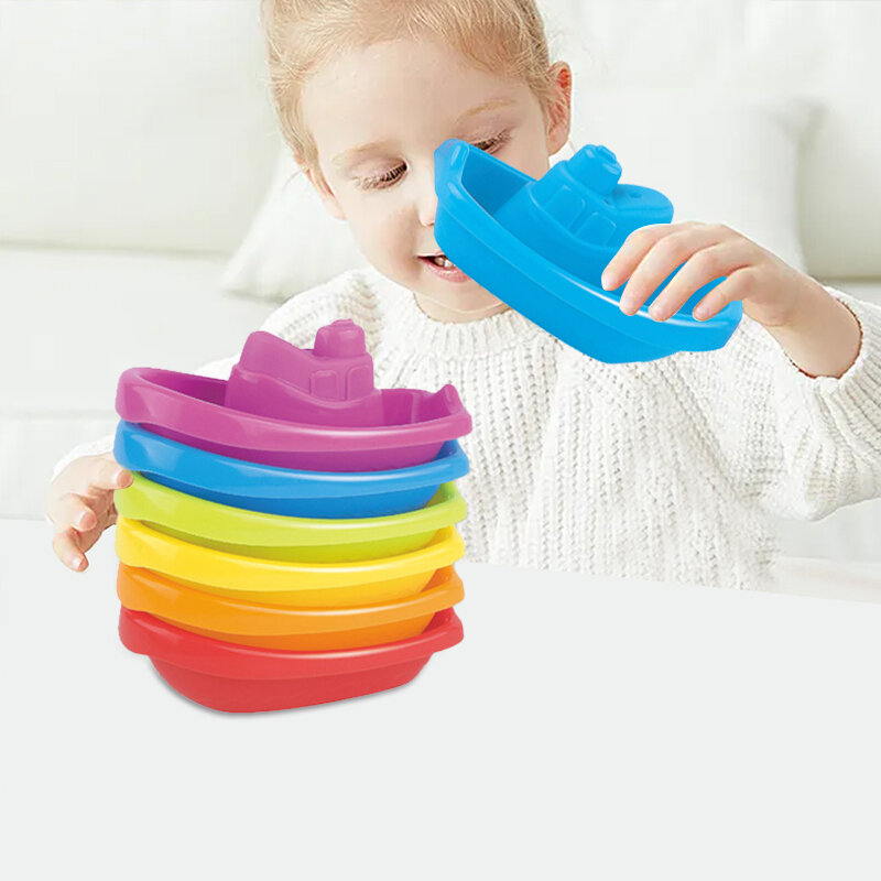 Baby Bath Toys Colorful Stacking Cups Early Educational Montessori Children Toys Boat-shaped Stacked Cup Folding Tower Toys Gift