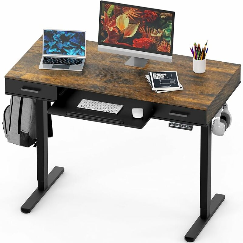 SHW meja listrik 48 inci, tinggi dapat disesuaikan dengan baki Keyboard dan dua laci, coklat pedesaan