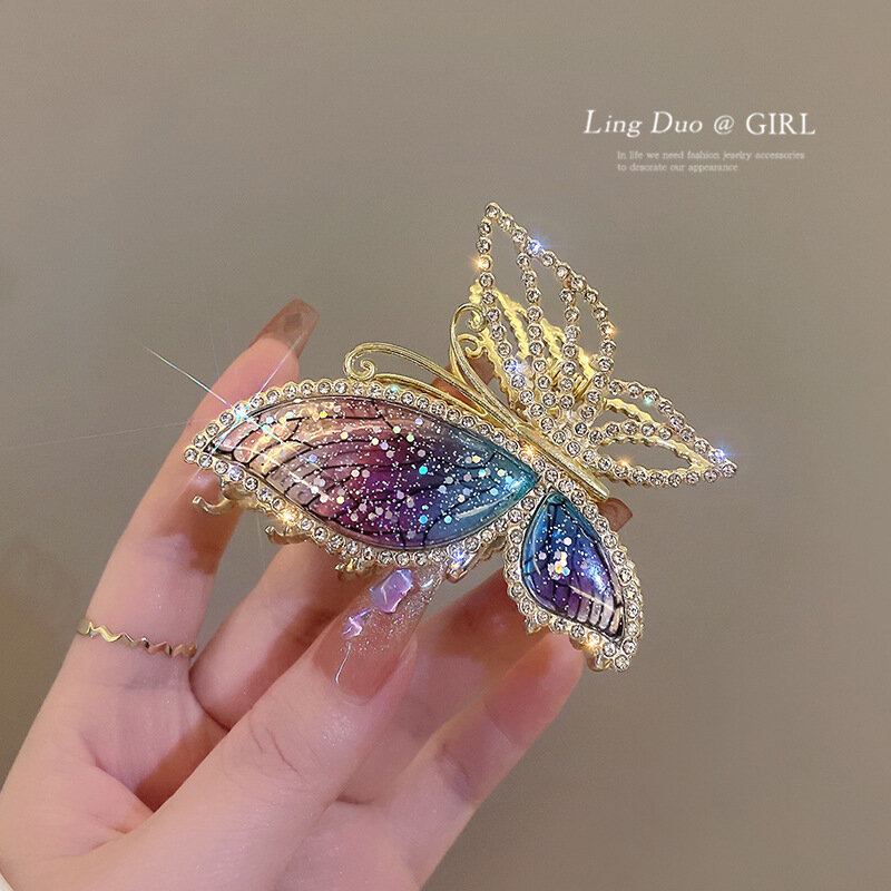 New Women's Crystal Butterfly Fashion Alloy Claw Clip Light Luxury Bright Diamond Girl Back Spoon Shark Clip Hair Accessories