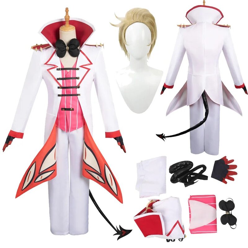 Lucifero Cosplay coda Costume uniforme parrucca Anime Hotel giacca Top pantaloni guanti cravatta per uomo abiti per adulti Halloween Carnival Suit