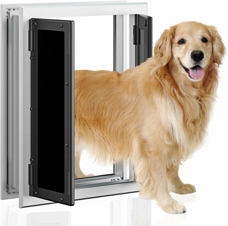 PETOUCH-puerta grande de aluminio para mascotas con doble Panel, puerta para perros con solapa magnética de cierre automático, Panel deslizante y 4 cerraduras de seguridad