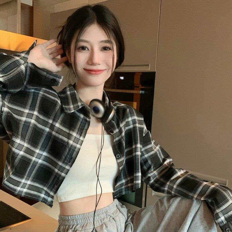 Camicie Casual con colletto rovesciato a quadri da donna in stile coreano autunno/primavera camicetta corta Versatile a maniche lunghe da ragazza