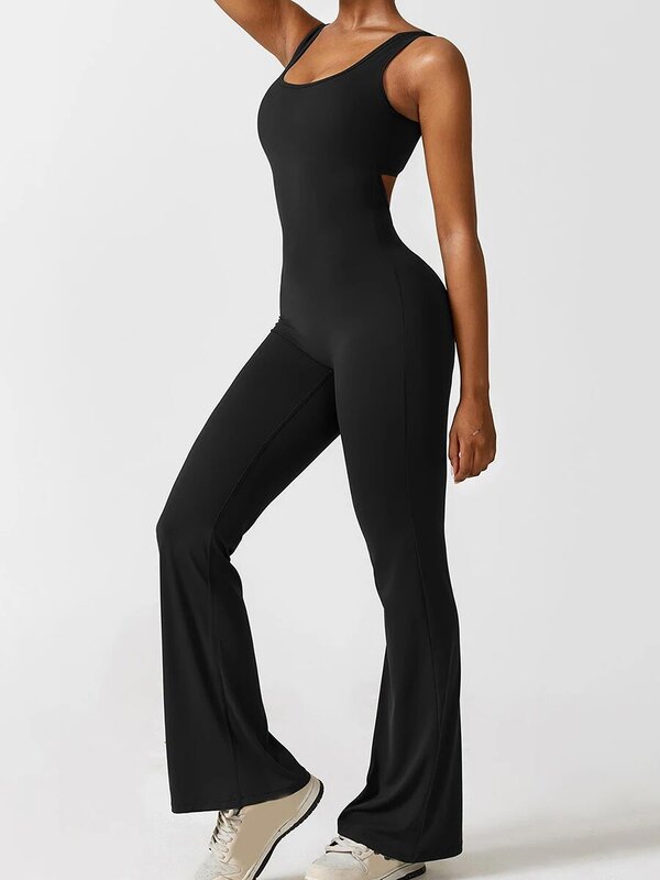 Women Spaghetti Strap Flare Jumpsuits Sleeveless Bodycon Scrunch Butt Yoga Rompers Cutout Wide Leg Playsuit Clubwear
