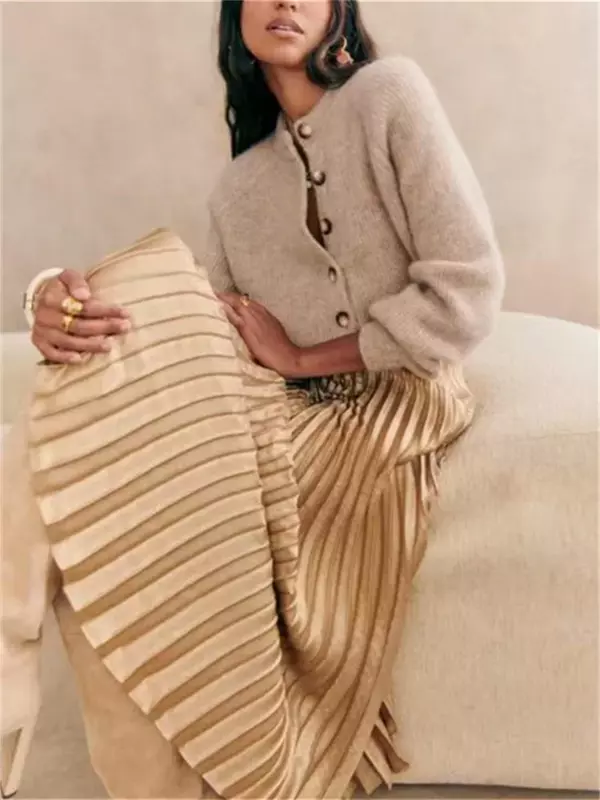 Cárdigan de punto de Color liso para mujer, suéter informal con cuello redondo, suave y cómodo, de un solo pecho, novedad de 2024