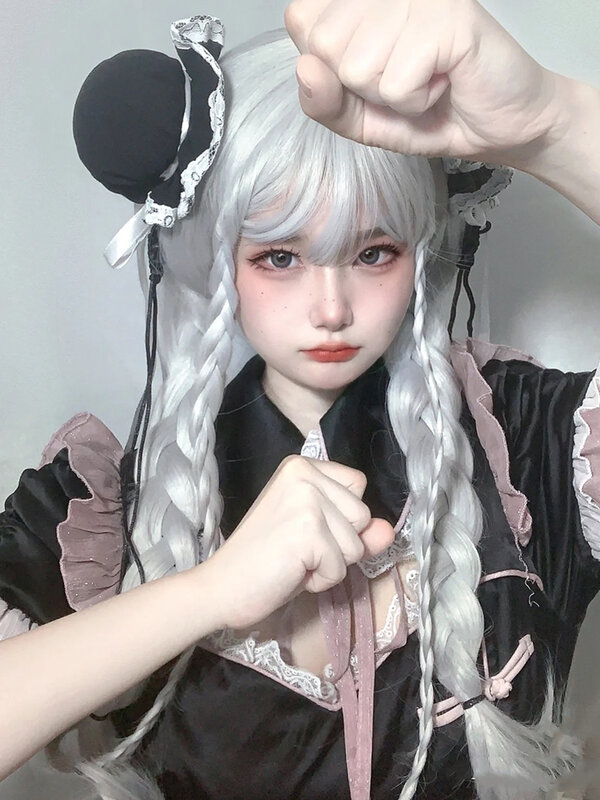 White Wig Female Long Straight Hair Simulation Japanese Halloween Cos Anime Air Bangs Lolita Full-Head Wig Style