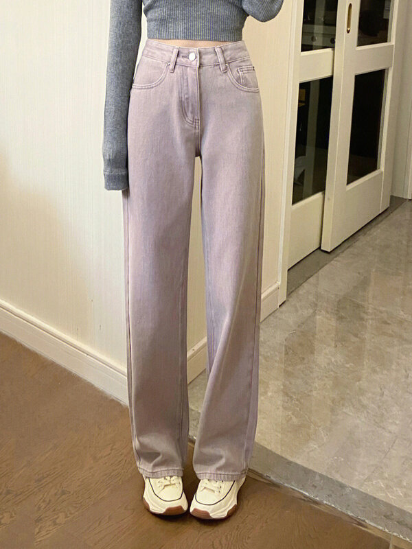 Jeans de perna larga roxo para mulheres, calças de emagrecimento cintura alta, calças longas retas soltas, design de nicho, novo, primavera e outono, 2023