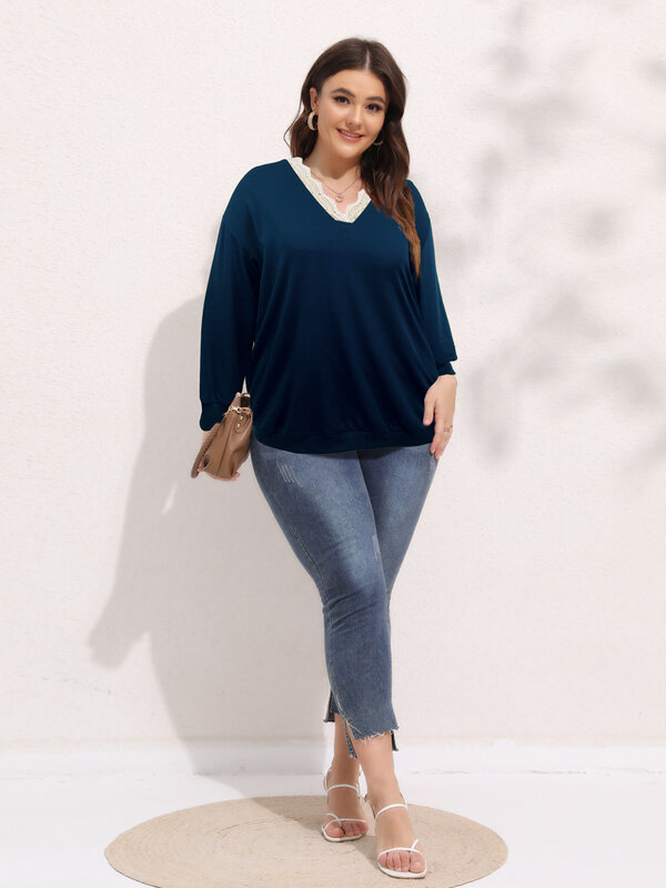 Finjani-Camiseta feminina com decote em v, blusa de manga comprida, roupas casuais, plus size, primavera e outono