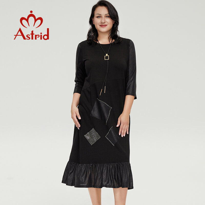 Astrid frauen Kleider Für Frauen 2022 Casual Oversize Schwarz Kleid Elegante Baumwolle Diamant Print Lange Lose Kleider Mit Halskette