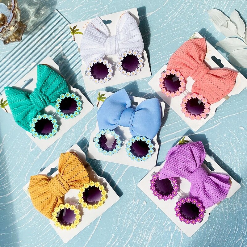نظارات شمسية بزهور مع عصابة رأس نايلون مرنة ، عصابة رأس للأطفال ، نظارات شمسية على شاطئ بوهيميا ، أغطية رأس منفوخة للأطفال ، لطيفة ، 2: القوس لكل مجموعة