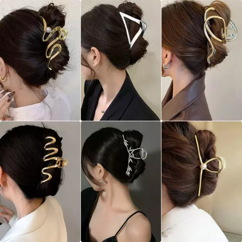 Klip rambut cakar sederhana emas perak logam geometris Punk baru untuk wanita Aksesori kepala penjepit kepiting besar trendi Korea