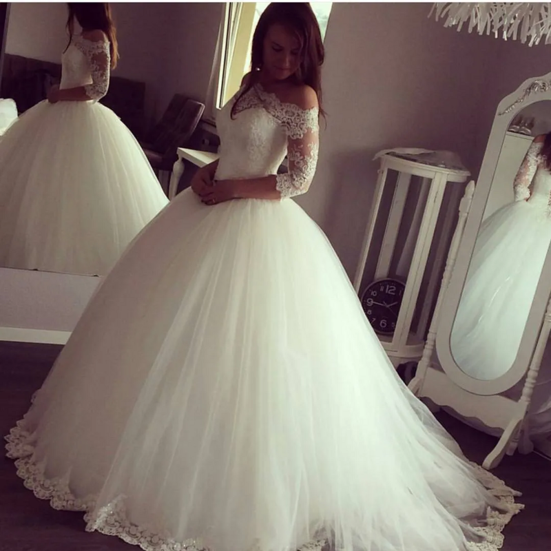 Nowa suknia balowa na ramię suknia ślubna aplikacje z 1/2 rękawami koronkowa aplikacja suknie ślubne gorset bez pleców, długa Vestidos de nov