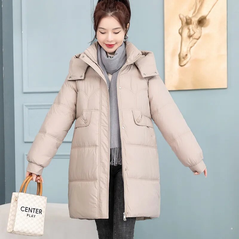 Jaket panjang sedang katun wanita, jaket parka tebal hangat Korea musim dingin 2023