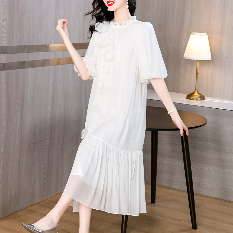 Frauen weiß Luxus Blumen Perlen Spitze Midi Kleid koreanische elegante lose Maxi kleid Sommer Vintage Chic Party Abend Vestido