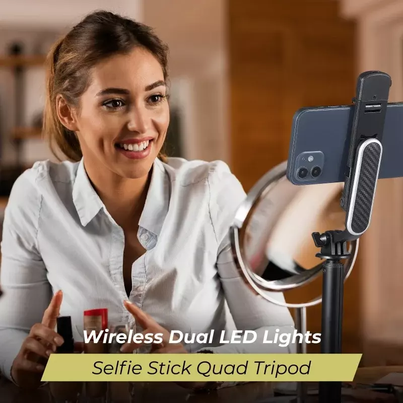 Vivitar-Perche à selfie avec trépied, lumières LED quadruples, télécommande sans fil, noir, vivtr2l36