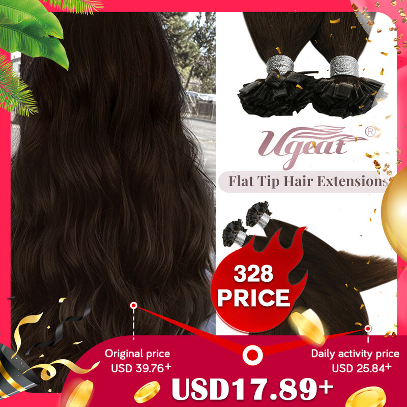Ugeat-天然の平らなヘアエクステンション,人間の髪の毛,長い髪,14-24インチ,50ストランド/パック,ケラチン,ヘアエクステンション