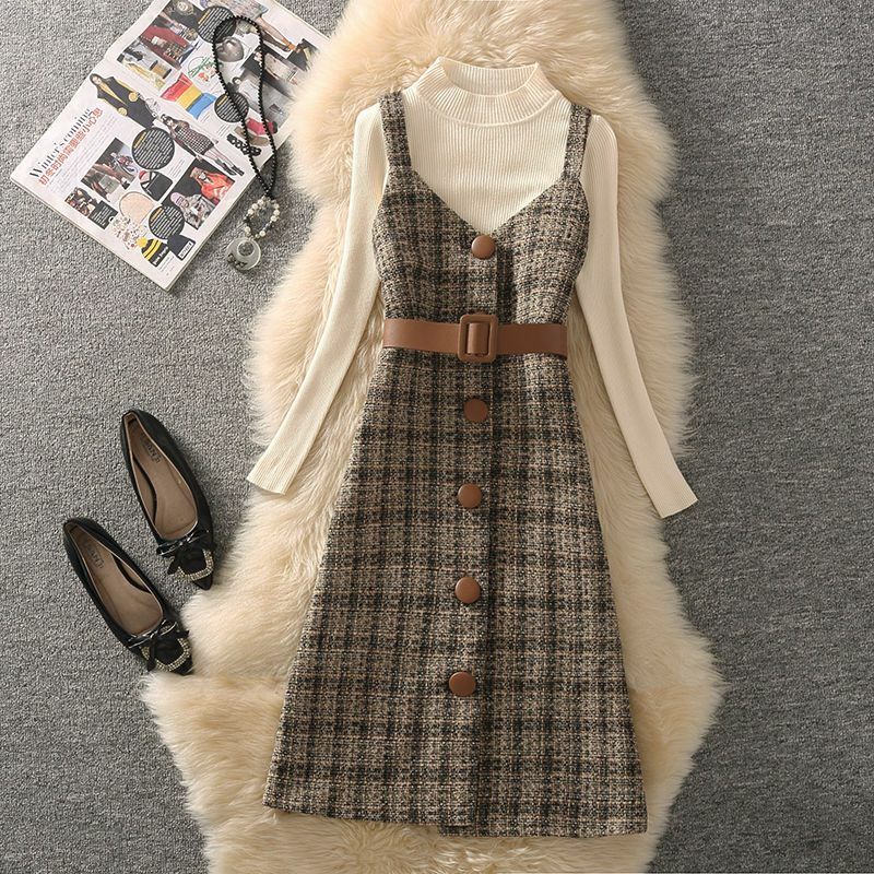Slim Fit Woolen Plaid Back Strap Vest Medium Length Dress with a Base Knit Sweater Two piece Set for Women in Autumn and Winter