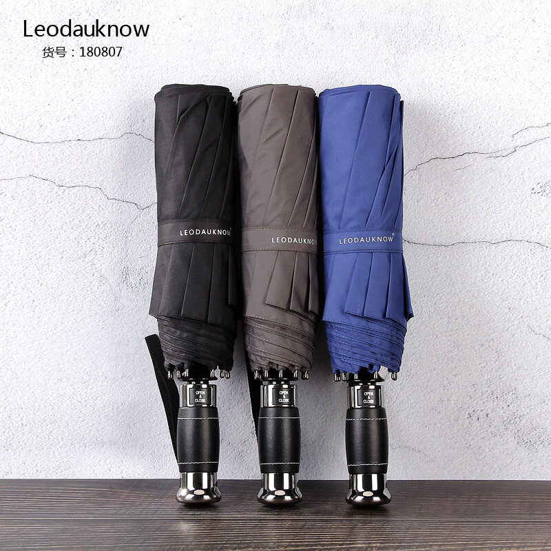 LEODAUKNOW-paraguas Uv de 3 pliegues para hombre, paraguas de vinilo de intensificación totalmente automático para negocios, refuerzo de resistencia al viento, viaje al aire libre