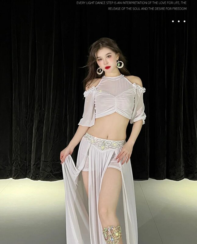 Belly Dance Dress Autumn/Winter Mesh Sexy Off Shoulder+Split Skirt 2PC Practice Dress Oriental Dance Performance Set
