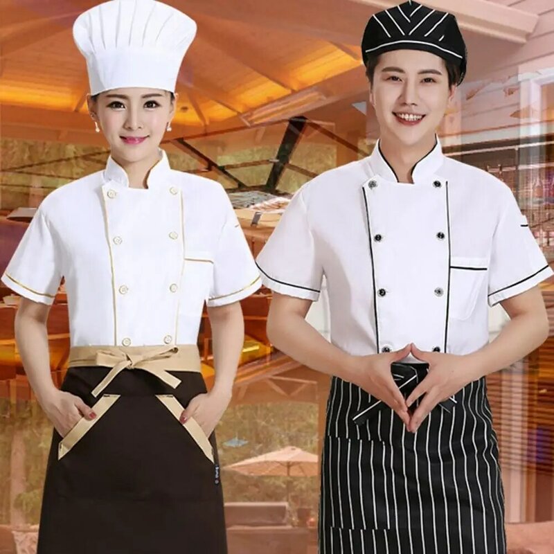 Uniforme da cuoco in misto cotone uniforme da cuoco traspirante resistente alle macchie per cucina, panetteria, ristorante, doppio petto, manica corta