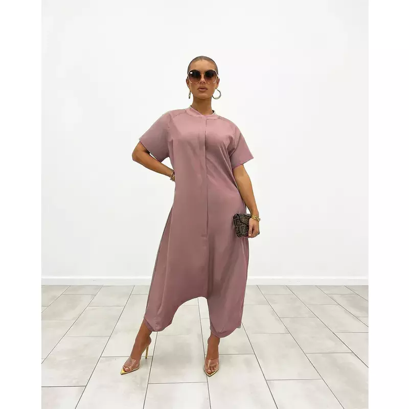 2024 Women's Short Sleeve Round Neck Casual Fashion Solid Color Loose Thin Simple Wide Leg Jumpsuit