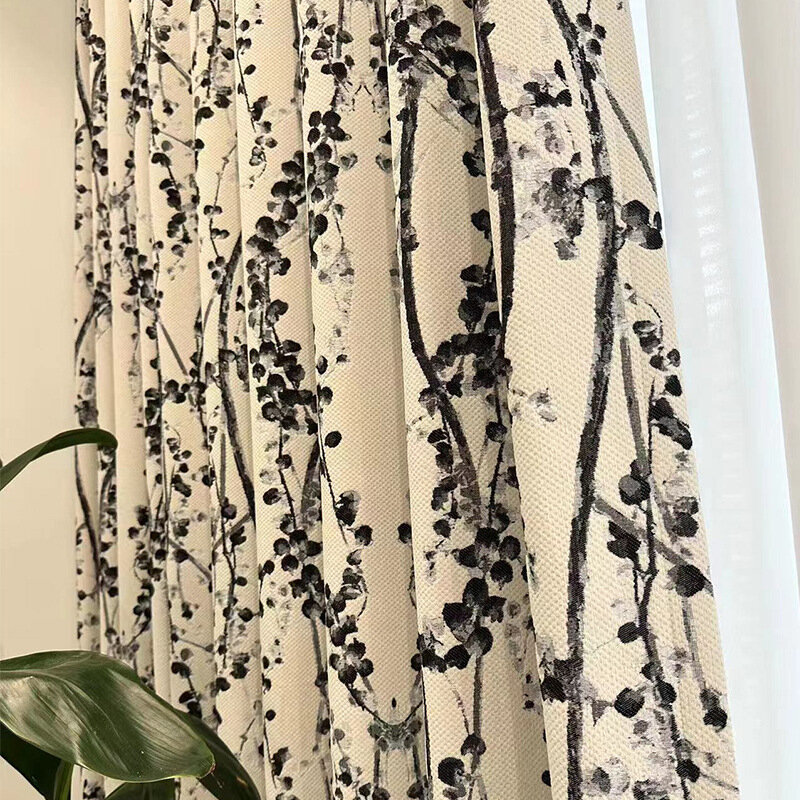 New Chinese Style Black and White Ink Painting Chenille Jacquard Finished Product Flower Curtains for Living Dining Room Bedroom
