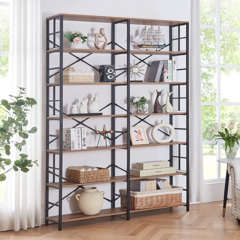 Large Bookcase, Double Width 7-layer Bookcase, Open Bookshelf,wood Style and Metal Tall Display Rack for Living Room,home Office