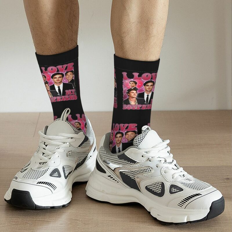 Retro Jacob Elordi I Love My Boyfriend Football Socks Polyester Long Socks for Unisex Breathable