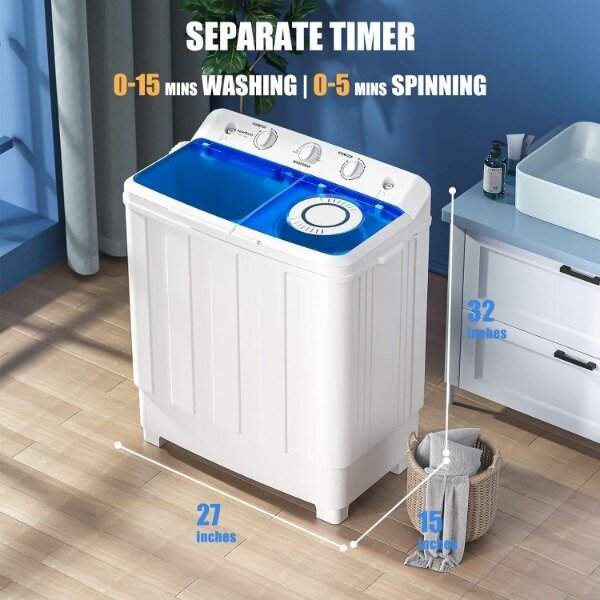 Mini máquina de lavanderia compacta com bomba de drenagem, lavadora portátil, Twin Tub Washer, semiautomática, 18lbs, 28lbs
