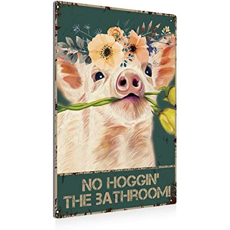 Retro Bathroom Pig Metal Tin Sign Wall Decor - Vintage Bathroom Quote Pig Floral Tin Sign for Toilet Restroom Home Decor Gifts