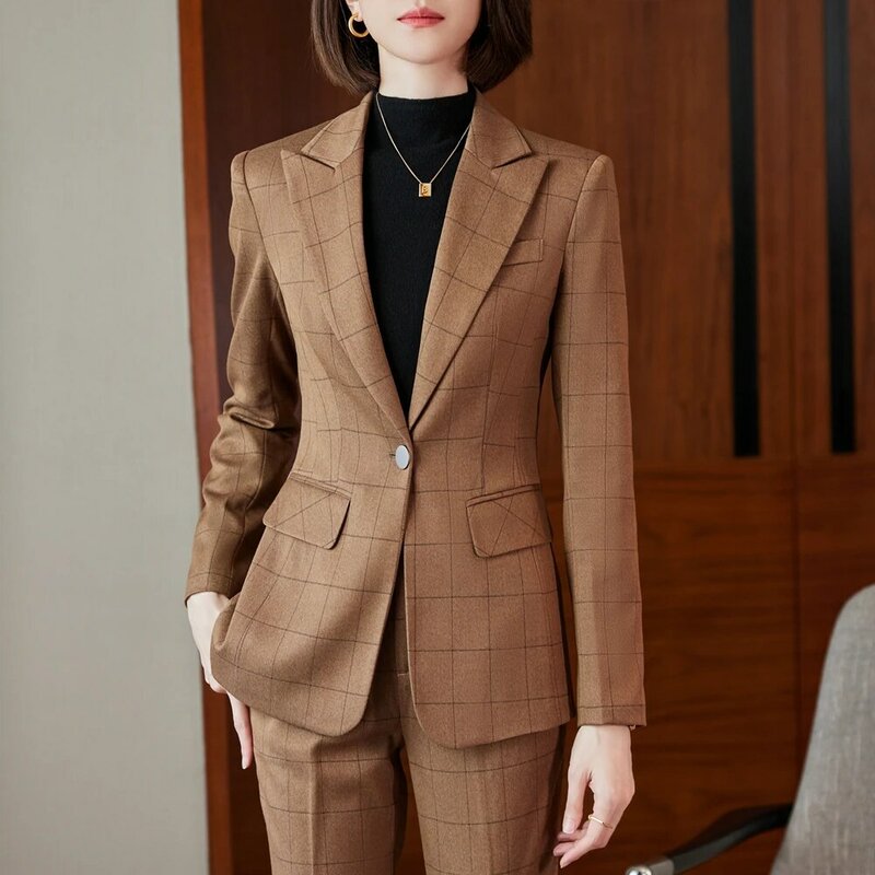 Formalny, długi style damskie garnitury biurowe jesienno-zimowe profesjonalne odzież do pracy biurowej spodnie Lady wywiad blezers Khaki 2 sztuki