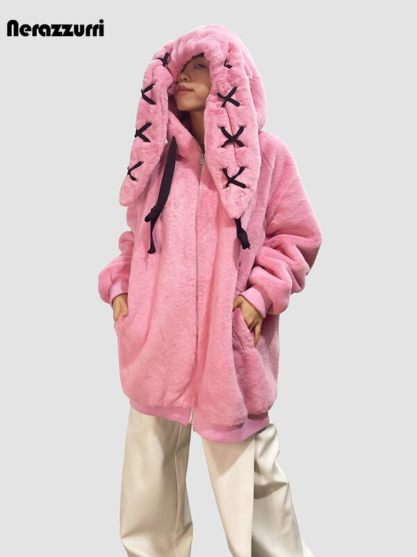 Chaqueta peluda rosa para mujer, abrigo grueso y cálido con orejas de conejo, estilo japonés, Harajuku, invierno, 2023