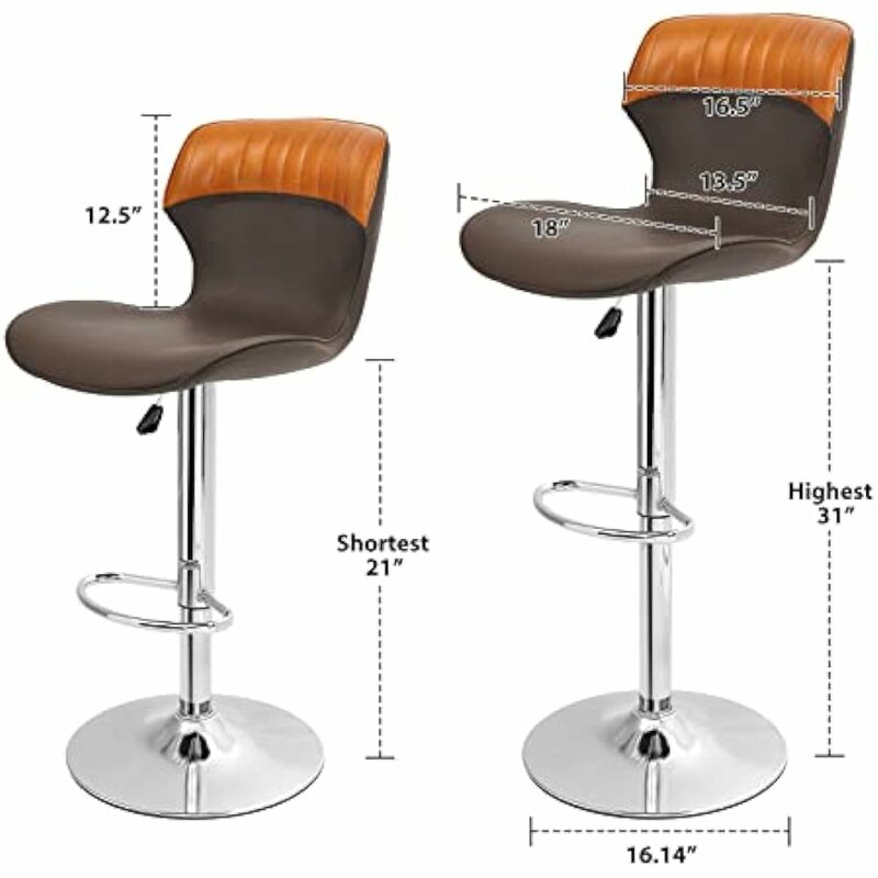 Adjustable Swivel Bar Stool PU Leather Height Adjustable Set of 2 with Footrest, Contrast Color and Split Joint Design