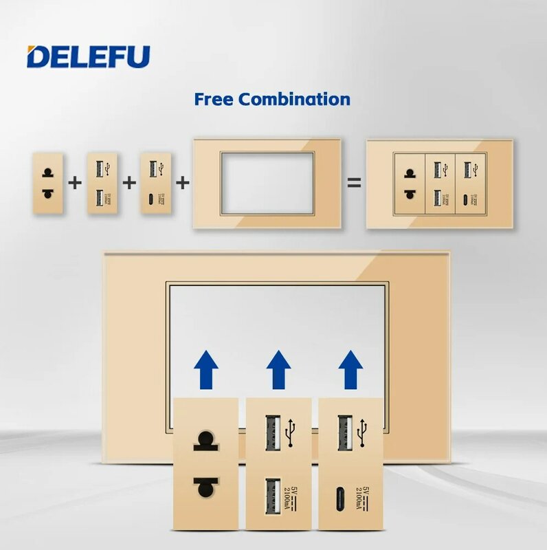 Delefu/thail/eu มาตรฐาน118X74มม. เต้ารับติดผนังแผ่นกระจกนิรภัยสีทองเต้ารับสำหรับชาร์จ USB C สวิทช์ไฟติดผนัง15A 5