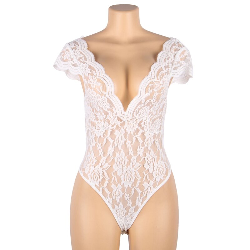 Comeondear Sweet Girl Sexy White Deep V backless Full Sheer Lace Teddy Underwear Open Crotch Short Bodysuits Romper For Women