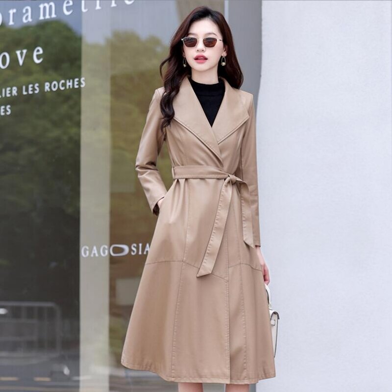Mantel Trench kulit domba untuk wanita, rok elegan modis mewah musim gugur musim dingin M-5xL