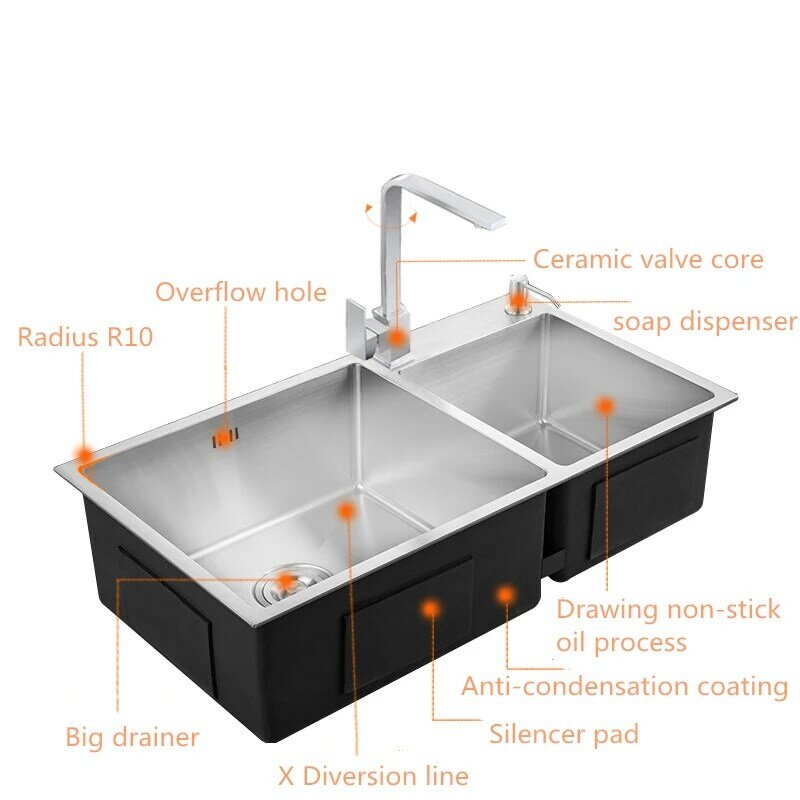 Above Counter Kitchen Sink Rectangular Kitchen Sink Double Bowl 304 Stainless Steel Brushed Farmhouse Sink with Drainer