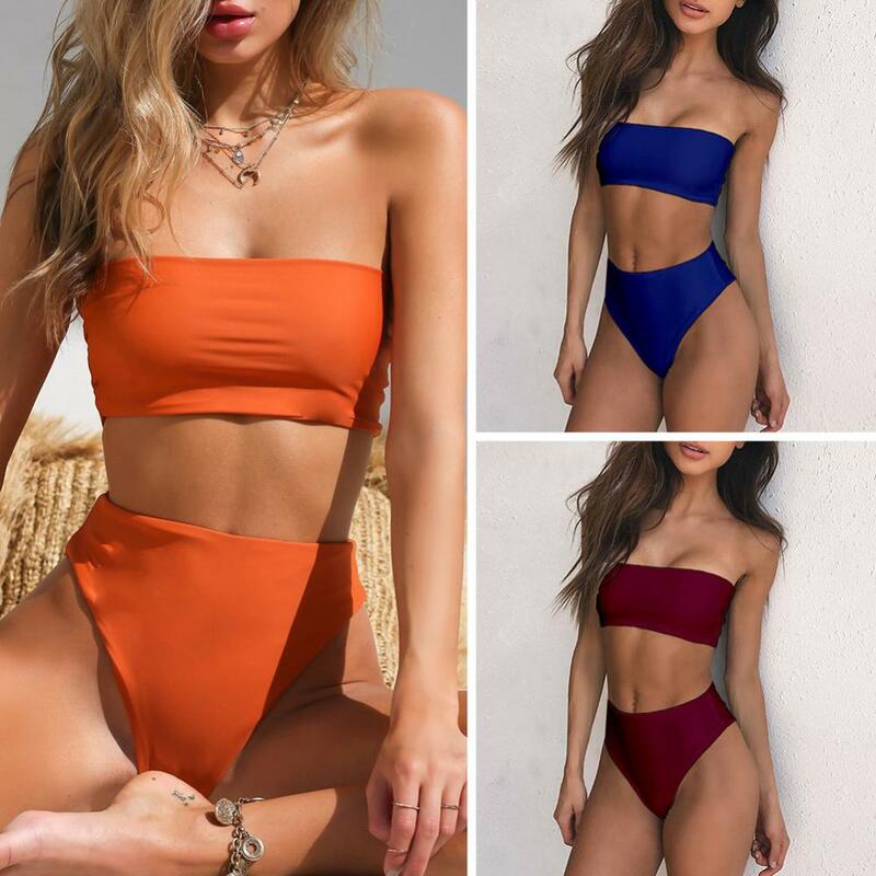 Solid Color Bikini Women Swimwear Sexy High Waist Tube Top Bandeau Panties Set suitable for summer wear on beach