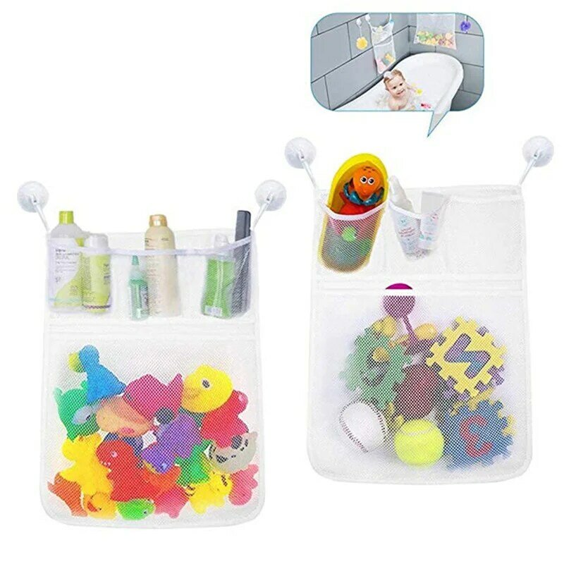 Tas jala kamar mandi bayi untuk anak-anak, tas jaring mainan mandi anak-anak, keranjang cangkir hisap, pengatur boneka bak mandi, tas jaring penyimpanan mainan mandi