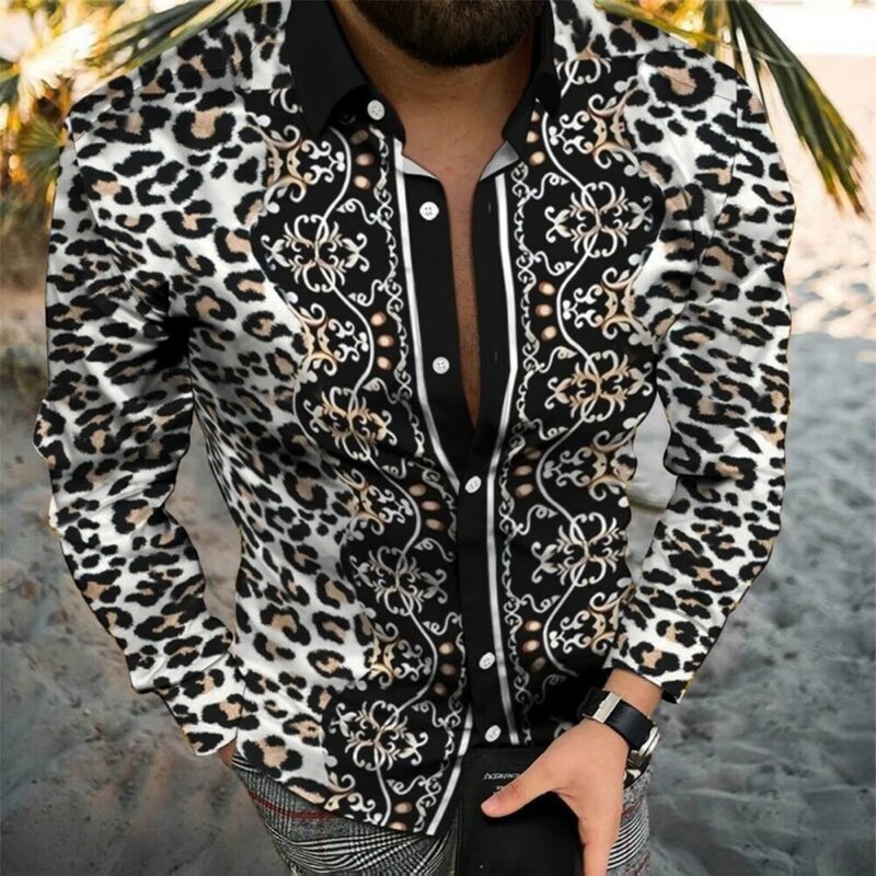 Camisas masculinas de botão de leopardo, Camisas Muscular Fitness, Manga comprida barroca, Vestir para festa, Clubwear, Roupas de festa