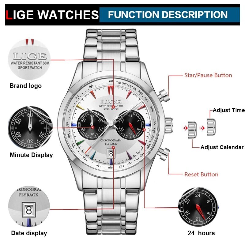 LIGE Top markowe zegarki męskie klasyczne romskie tarcze luksusowy zegarek na rękę dla mężczyzny oryginalny kwarcowy wodoodporny świecący męski relo