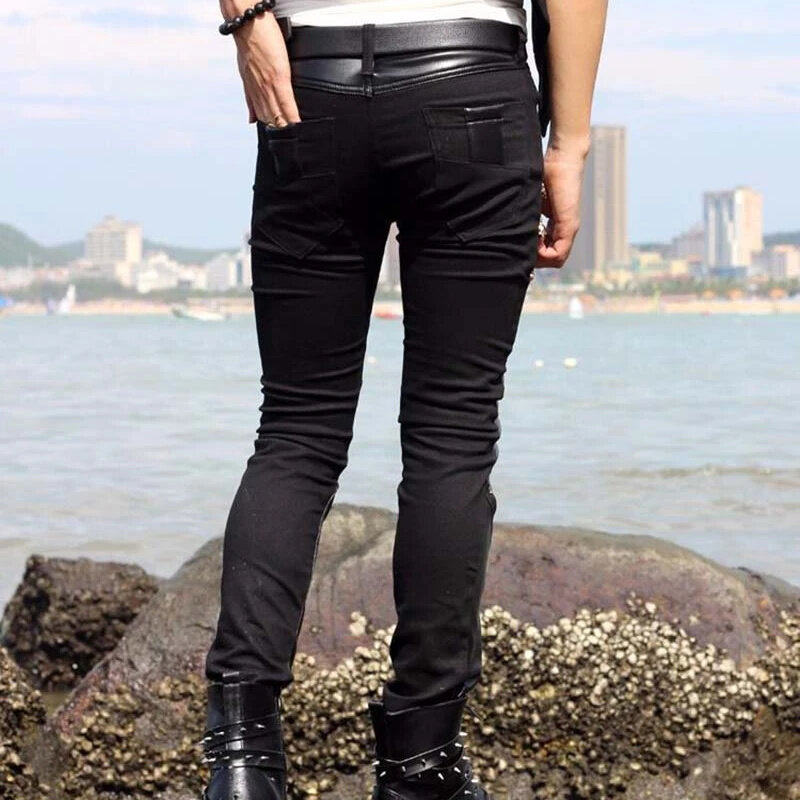 Мужские корейские узкие джинсы для выступлений в готическом стиле, кожаные лоскутные брюки-карандаш черного цвета на молнии