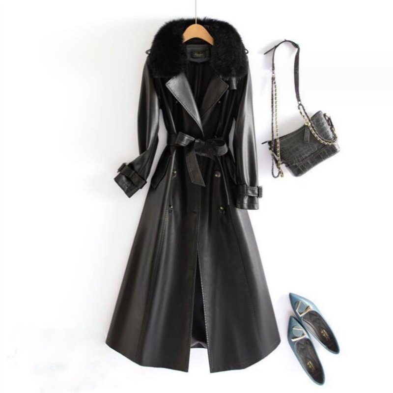 M-5XL Fashion Fox Fur Collar Turn Down Collar Women Long Sleeve Belt Sheepskin Outwear Winter Genuine Leather Long Trench Coats
