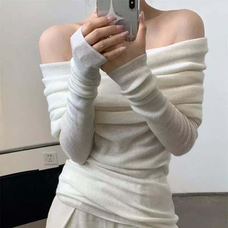 Deeptown gaya Korea sweter rajut wanita elegan bahu terbuka Jumper wanita Harajuku Fashion Gyaru seksi Pullover estetika