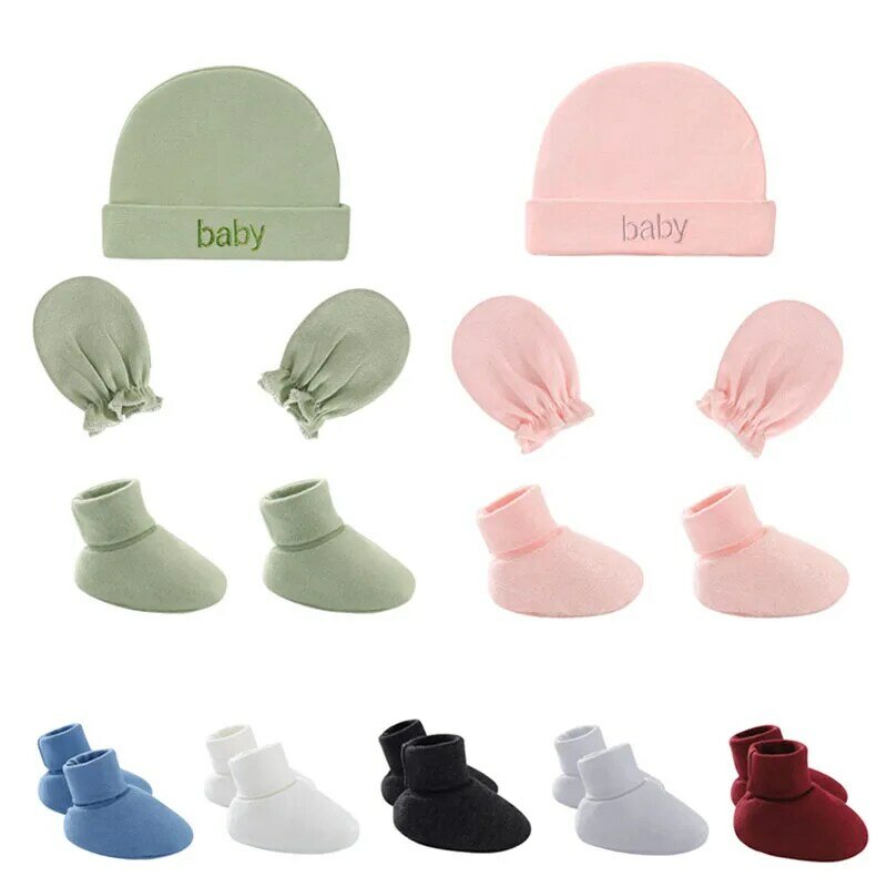 Topi baru lahir + sarung tangan + kaus kaki, Set topi fotografi kasual katun musim gugur bayi laki-laki & perempuan, hiasan kepala lembut modis