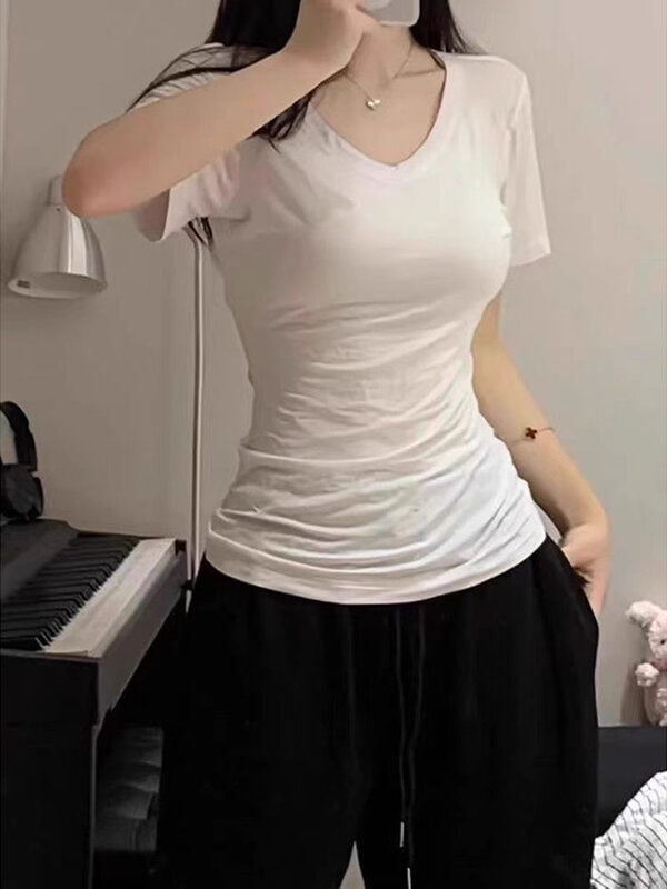 Kaus Wanita Kasual gaya Korea leher V, atasan kaus warna polos lengan pendek ramping musim panas