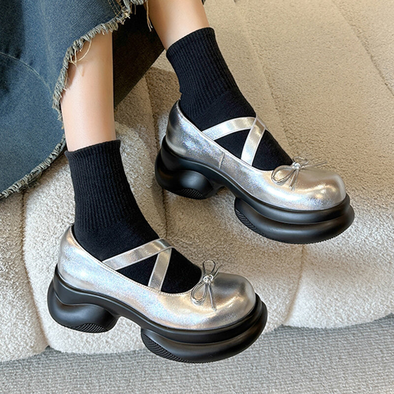 الفضة عالية الكعب منصة مضخات النساء 2023 الخريف بووتي عبرت الأشرطة ماري جين أحذية امرأة بولي Leather جلد كعب سميك Jk الأحذية